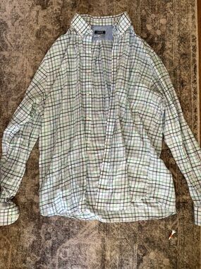 Izod White Button-Down Shirt with Blue and Green Windowpane